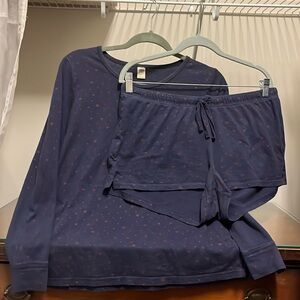 Old Navy Women's Navy Blue and Red Star Pajama Set Long Sleeve Top and Shorts